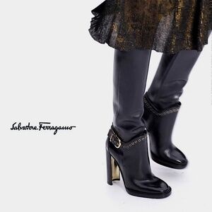 Salvatore Ferragamo Nadix Knee Black Boots Gancini Harness Strap Runway 🇮🇹 Sz6